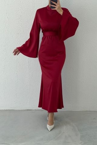 Kemerli Volan Kol Saten Tesettür Abiye Bordo
