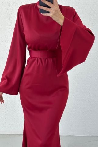 Kemerli Volan Kol Saten Tesettür Abiye Bordo