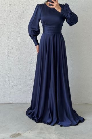 Belted Long Satin Hijab Evening Dress Navy Blue