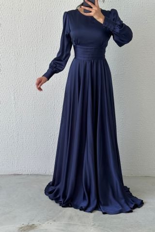 Belted Long Satin Hijab Evening Dress Navy Blue