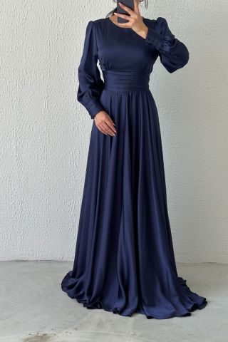 Belted Long Satin Hijab Evening Dress Navy Blue