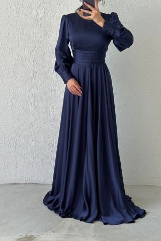 Büyüleyici Saten Kuşaklı Tesettür Abiye-Lacivert