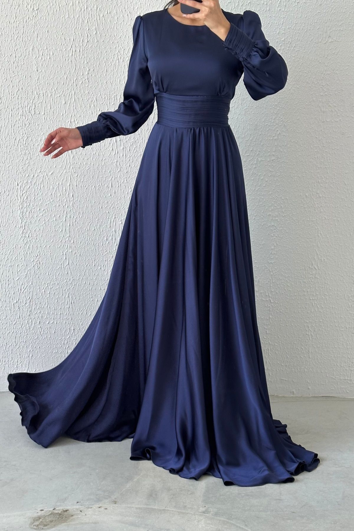 Belted Long Satin Hijab Evening Dress Navy Blue