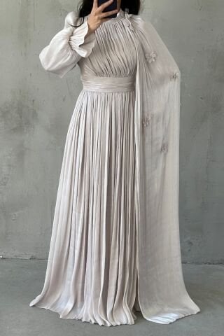 Zarif Çiçek Detaylı Janjan Tesettür Abiye Taş