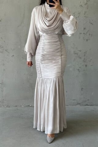 Waist Thin Pleated Janjan Hijab Evening Dress Stone