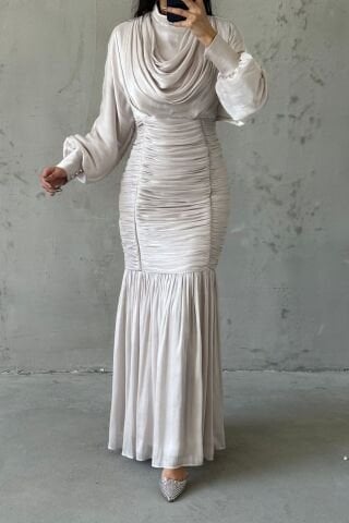 Waist Thin Pleated Janjan Hijab Evening Dress Stone