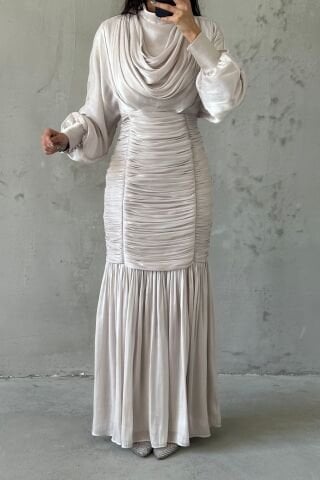 Waist Thin Pleated Janjan Hijab Evening Dress Stone