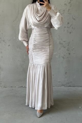 Waist Thin Pleated Janjan Hijab Evening Dress Stone