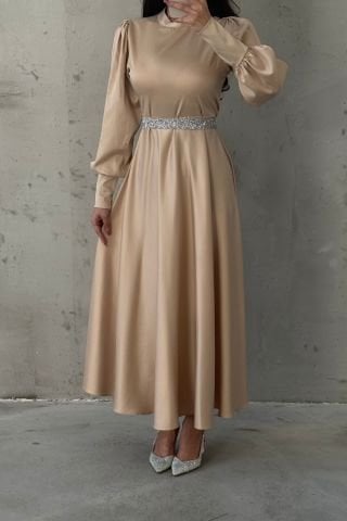Basic Satin Hijab Evening Dress with Sparkly Belt Detail Stone
