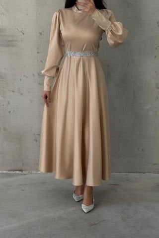 Işıltılı Kemer Detaylı Basic Saten Tesettür Abiye Taş