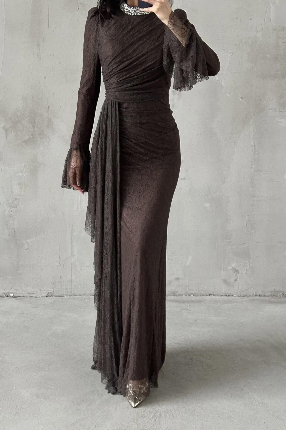 Lace Tesettür Abiye Kahverengi
