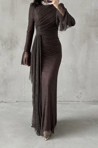 Lace Hijab Evening Dress Brown