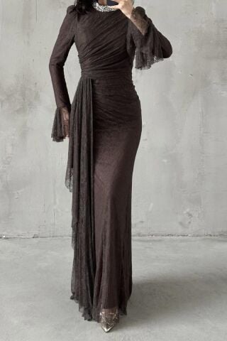 Lace Hijab Evening Dress Brown