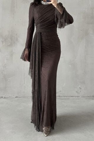 Lace Hijab Evening Dress Brown