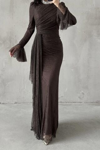 Lace Hijab Evening Dress Brown