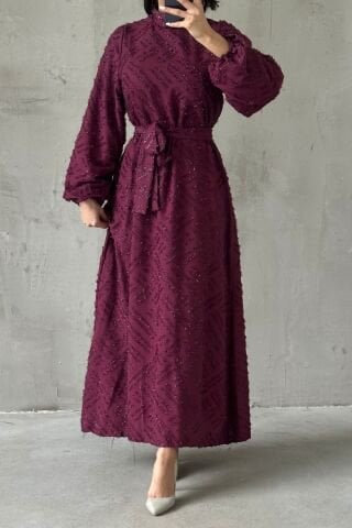 Sim İşlemeli Kuşak Detaylı Tesettür Abiye Mürdüm