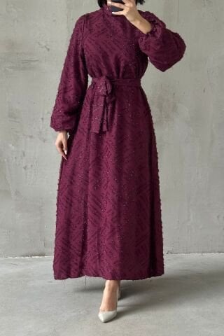 Sim İşlemeli Kuşak Detaylı Tesettür Abiye Mürdüm