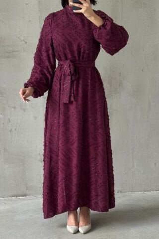 Shimmer Embroidered Belt Detailed Hijab Evening Dress Plum