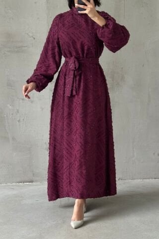 Sim İşlemeli Kuşak Detaylı Tesettür Abiye Mürdüm