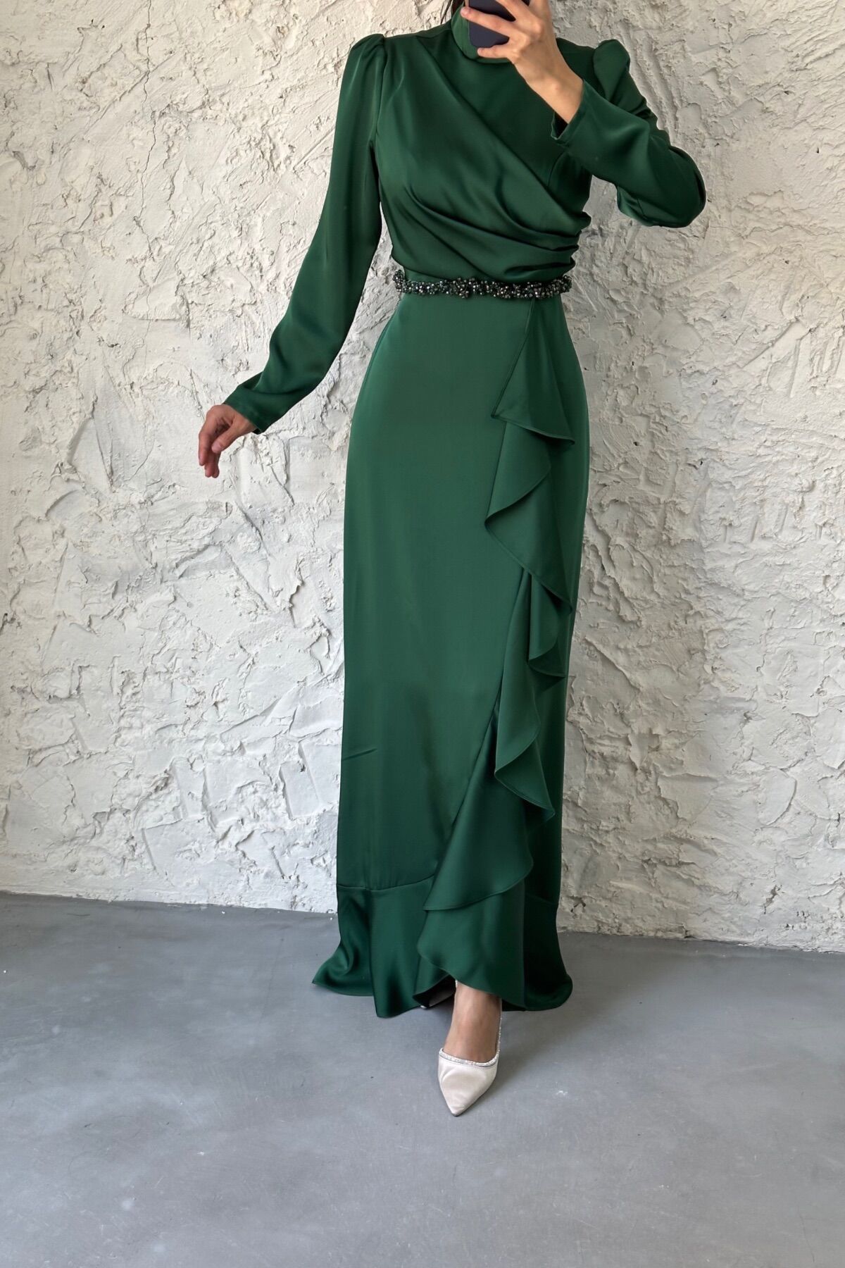 Satin Hijab Evening Dress Emerald Green with Bead Detail at the Waist