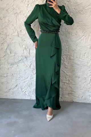 Satin Hijab Evening Dress Emerald Green with Bead Detail at the Waist