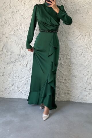 Satin Hijab Evening Dress Emerald Green with Bead Detail at the Waist
