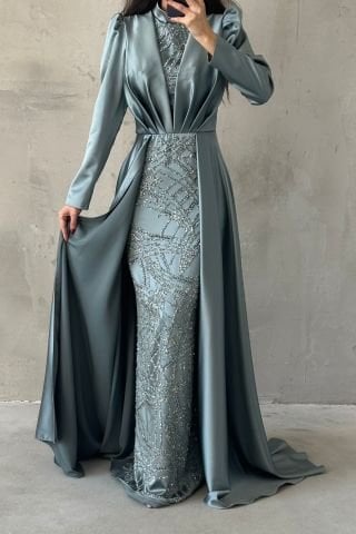 Cape Detailed Sparkly Embroidered Satin Modest Evening Dress Mint Green