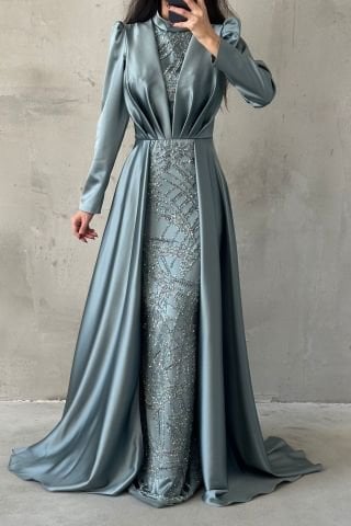 Cape Detailed Sparkly Embroidered Satin Modest Evening Dress Mint Green