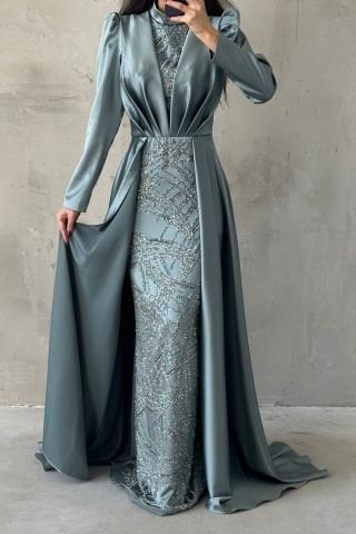 Cape Detailed Sparkly Embroidered Satin Modest Evening Dress Mint Green