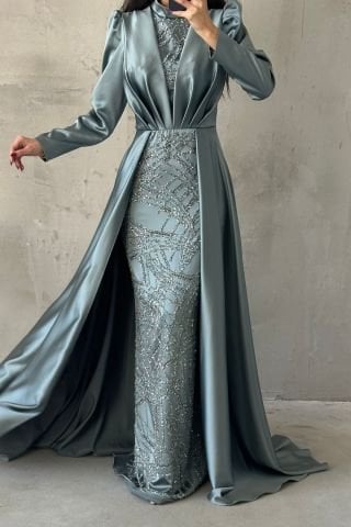 Cape Detailed Sparkly Embroidered Satin Modest Evening Dress Mint Green