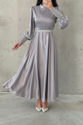 Glittery Belt Detailed Basic Satin Hijab Evening Dress Gray