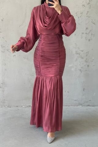 Pleated Waistline Janjan Hijab Evening Dress Powder