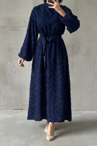 Shimmer Embroidered Belt Detailed Hijab Evening Dress Navy Blue
