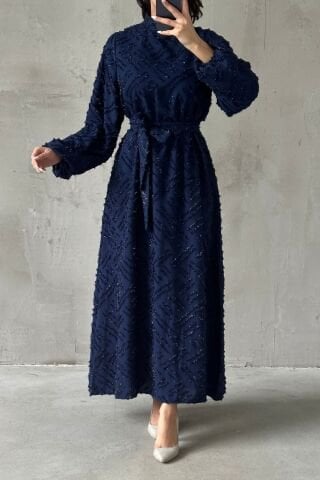 Shimmer Embroidered Belt Detailed Hijab Evening Dress Navy Blue