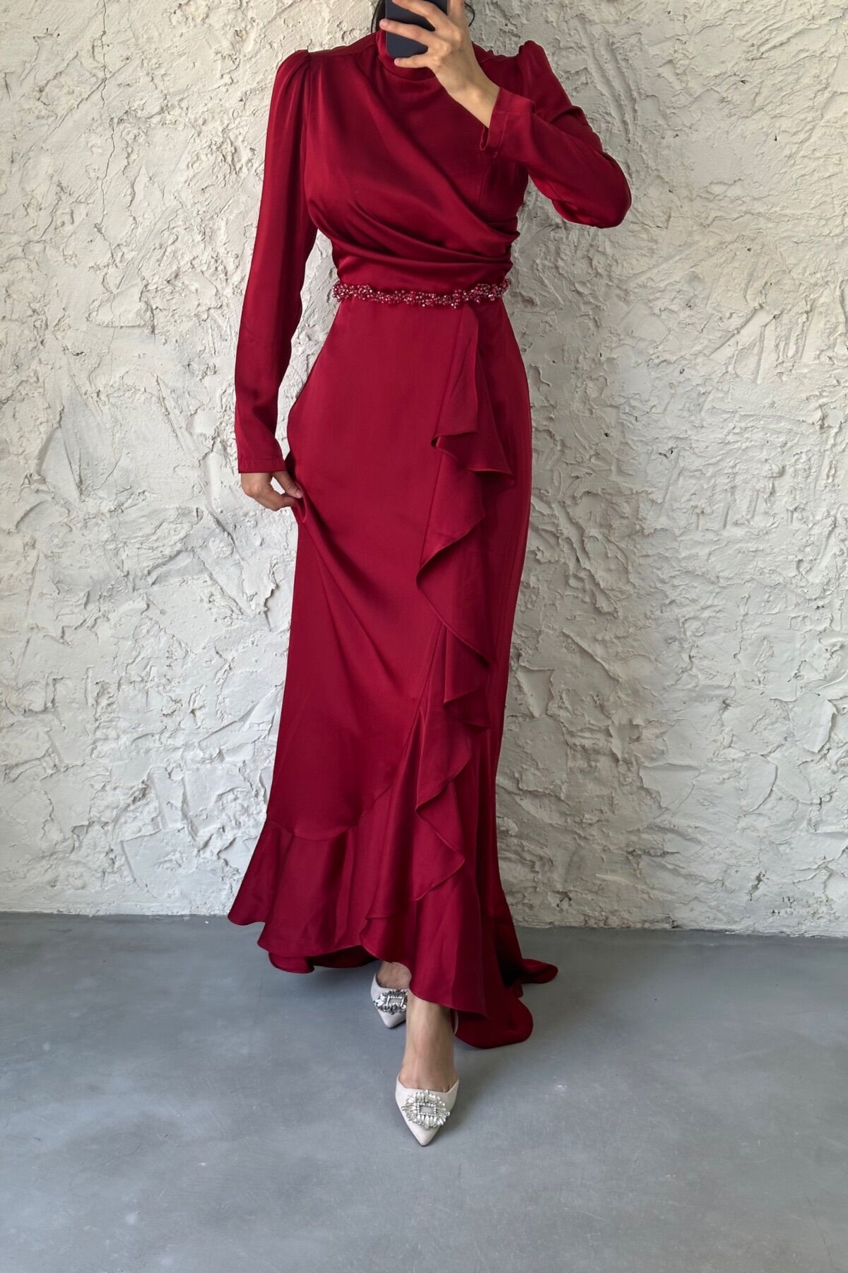 Satin Hijab Evening Dress with Bead Detail at the Waist Claret Red