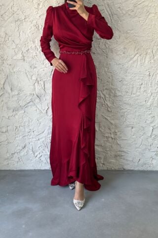 Belden Boncuk Detaylı Saten Tesettür Abiye Bordo