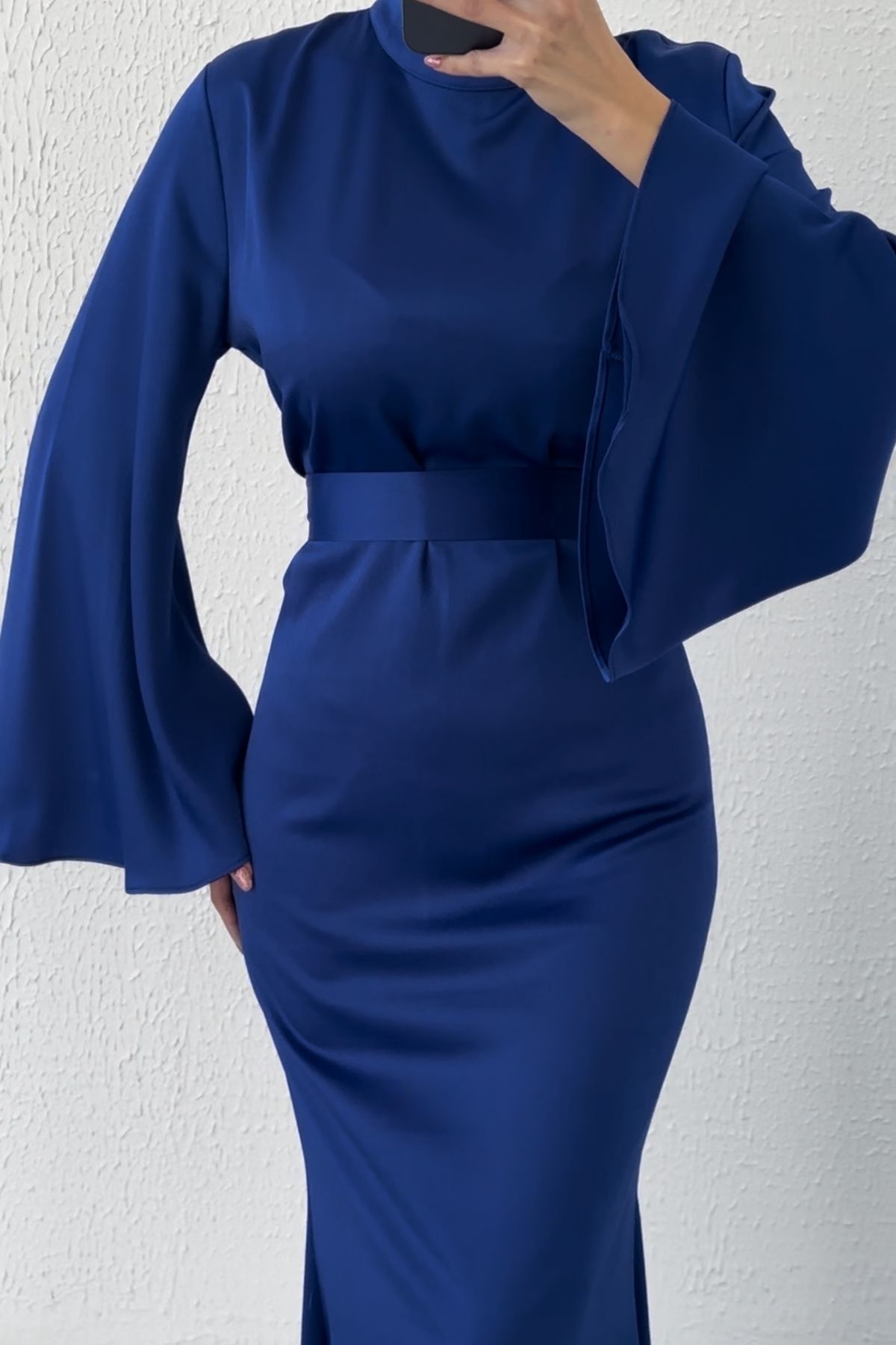 Belted Flounce Sleeve Satin Hijab Evening Dress Saks Blue