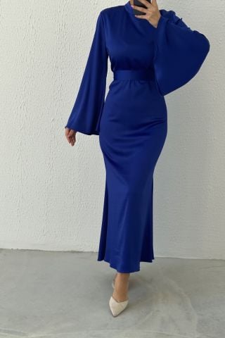 Kemerli Volan Kol Saten Tesettür Abiye Saks Mavisi