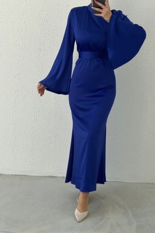 Kemerli Volan Kol Saten Tesettür Abiye Saks Mavisi