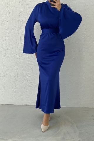 Kemerli Volan Kol Saten Tesettür Abiye Saks Mavisi