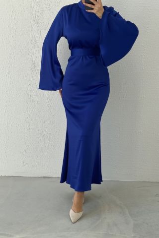 Belted Flounce Sleeve Satin Hijab Evening Dress Saks Blue