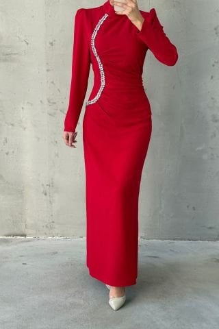 Waist Pleated Stone Crepe Hijab Evening Dress Red