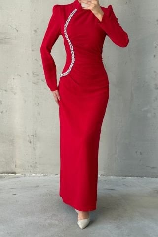 Waist Pleated Stone Crepe Hijab Evening Dress Red