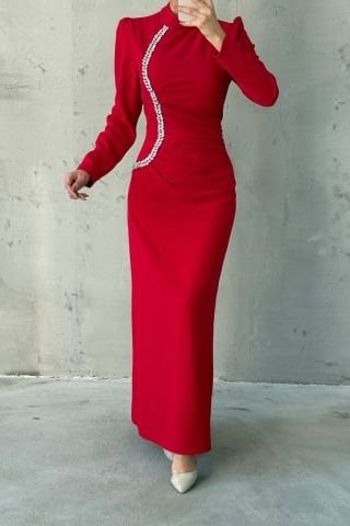 Waist Pleated Stone Crepe Hijab Evening Dress Red
