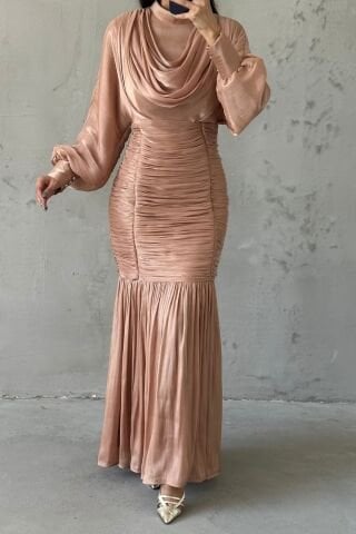 Waist Thin Pleated Janjan Hijab Evening Dress Copper
