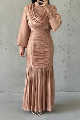 Belden İnce Piliseli Janjan Tesettür Abiye Bakır