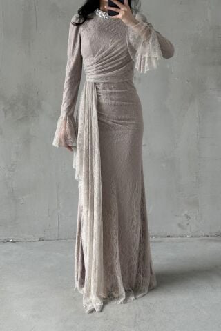 Lace Hijab Evening Dress Beige