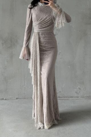 Lace Tesettür Abiye Bej