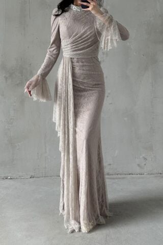 Lace Tesettür Abiye Bej