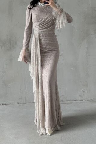 Lace Tesettür Abiye Bej